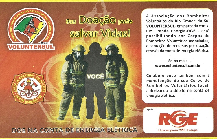 Bombeiros de Barbosa retomam a campanha de contribuição na conta de luz da RGE