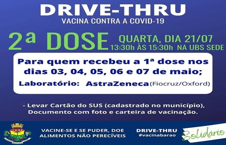 Município de Barão realiza Drive-Thru para a vacinação da 2ª dose