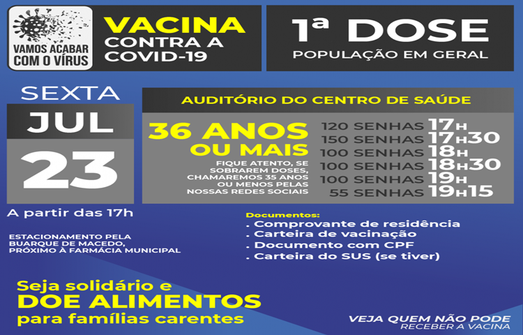 Vacinação da Covid-19 em Carlos Barbosa para 36 anos ou mais