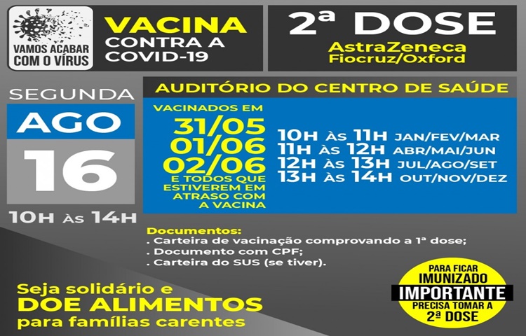 Vacinação em Barbosa na segunda-feira, 16 , com a primeira e segunda dose