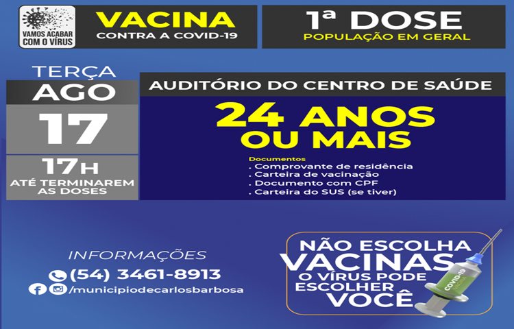 Carlos Barbosa realiza mais uma etapa de vacinação da Covid-19 nesta terça-feira, 17