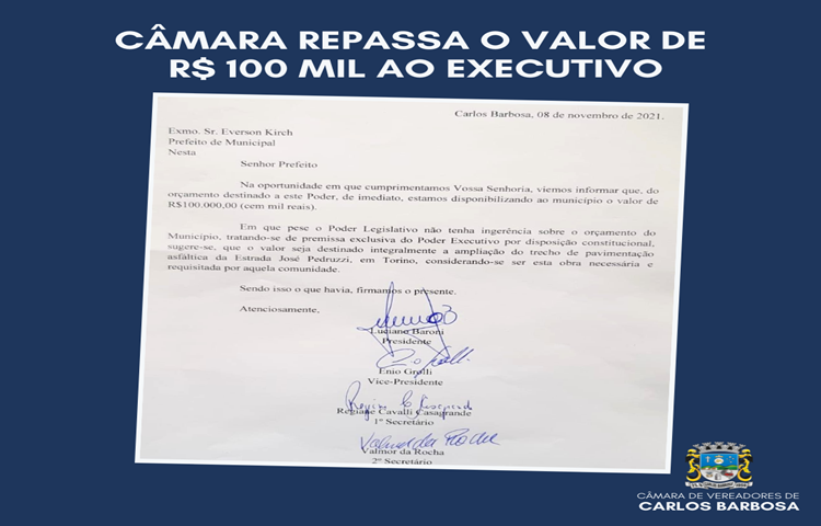 Legislativo barbosense devolve R$ 100 mil ao Executivo