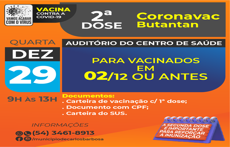 A 2ª dose da Coronavac em Barbosa será aplicada nesta quarta-feira, 29