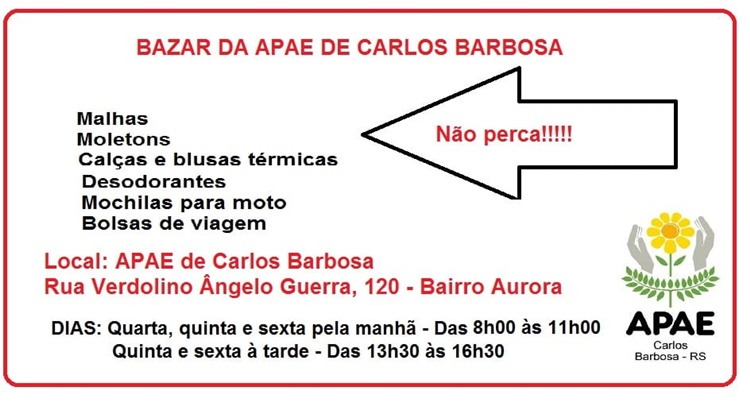 APAE de Barbosa realiza bazar nos dias 5, 6 e 7 de janeiro