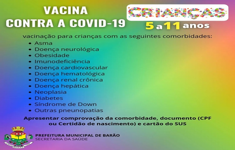 Município de Barão vacina crianças de 5 a 11 anos contra a Covid-19