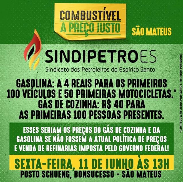 Sindipetro realiza ação em São Mateus, com gasolina a 4,00 reais e Gás de cozinha a 40,00