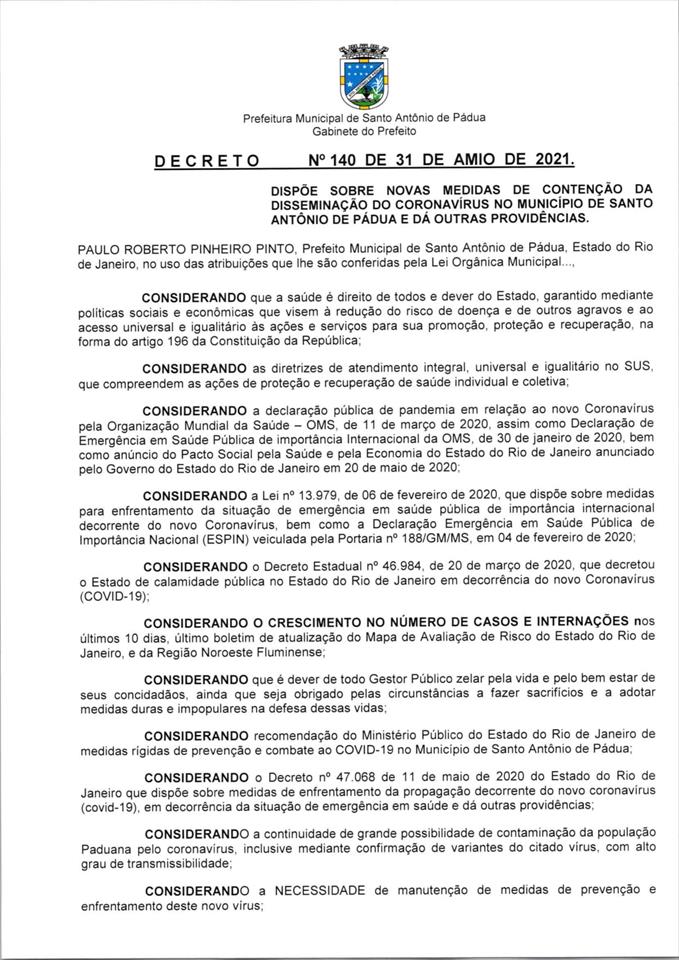 Prefeito de Pádua assina Decreto de restrições contra a COVID 19