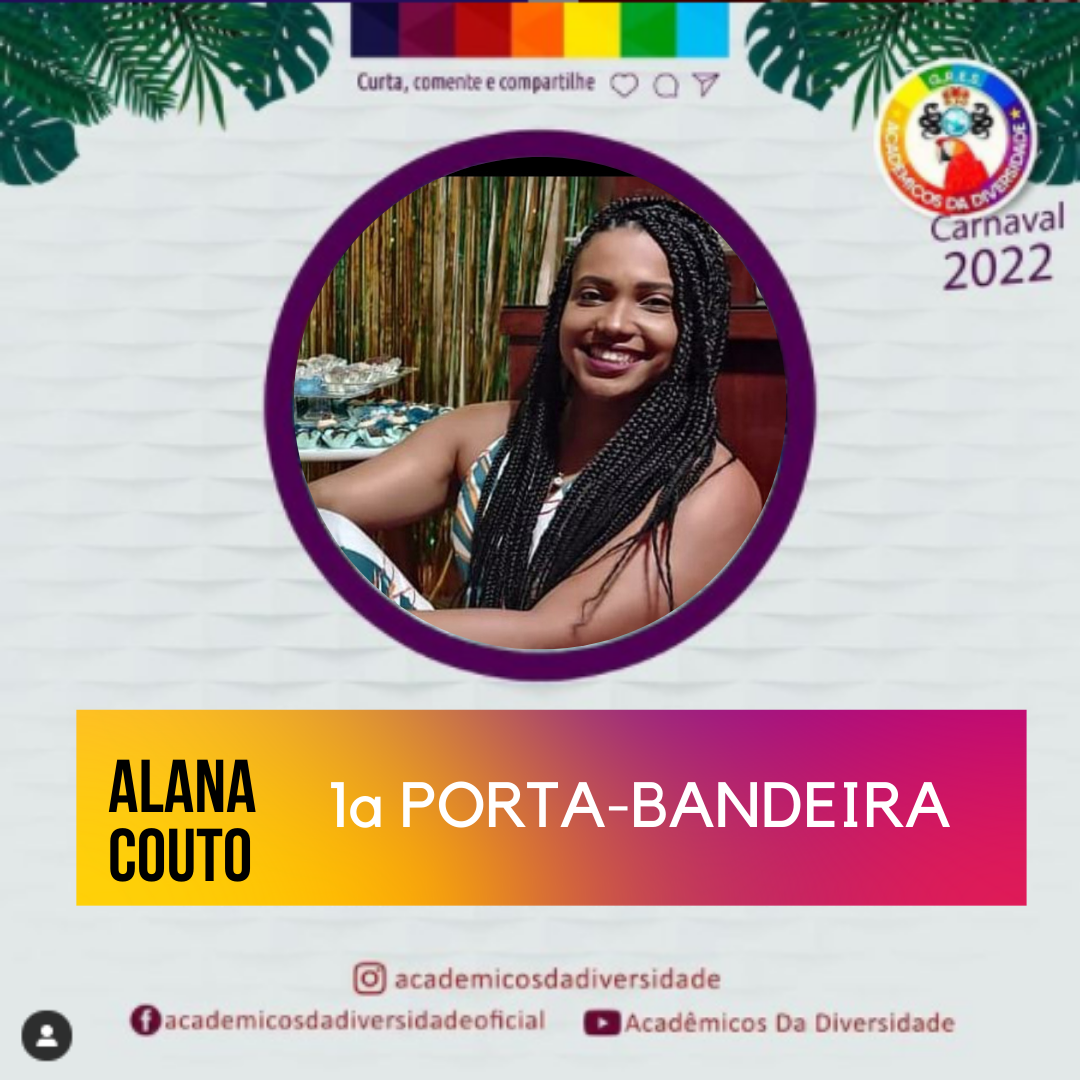 A porta-bandeira Alana Couto defenderá o primeiro pavilhão do Gres Acadêmicos da Diversidade ao lado do mestre-sala Jefferson Pereira