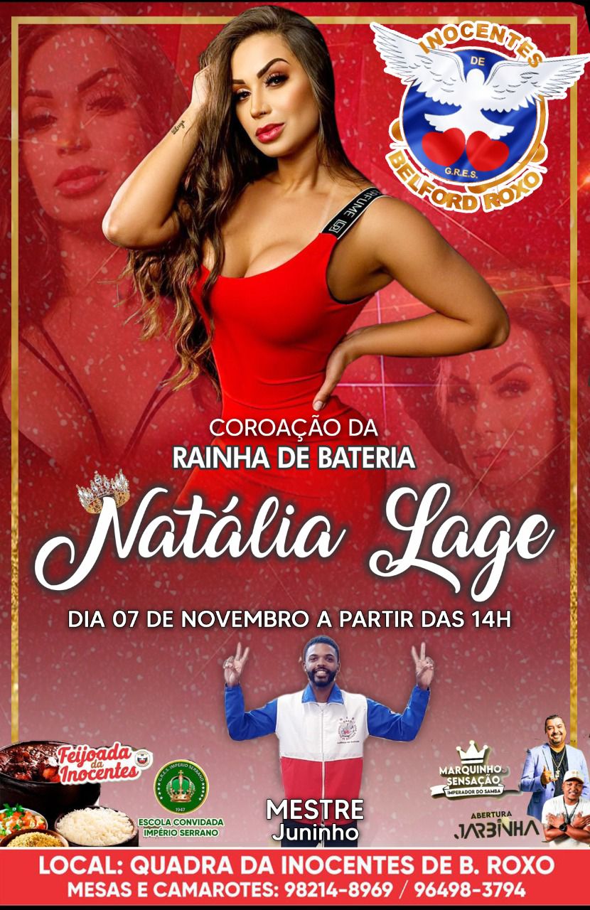 Inocentes coroará rainha de bateria Natália Lage ao som de Marquinhos Sensação