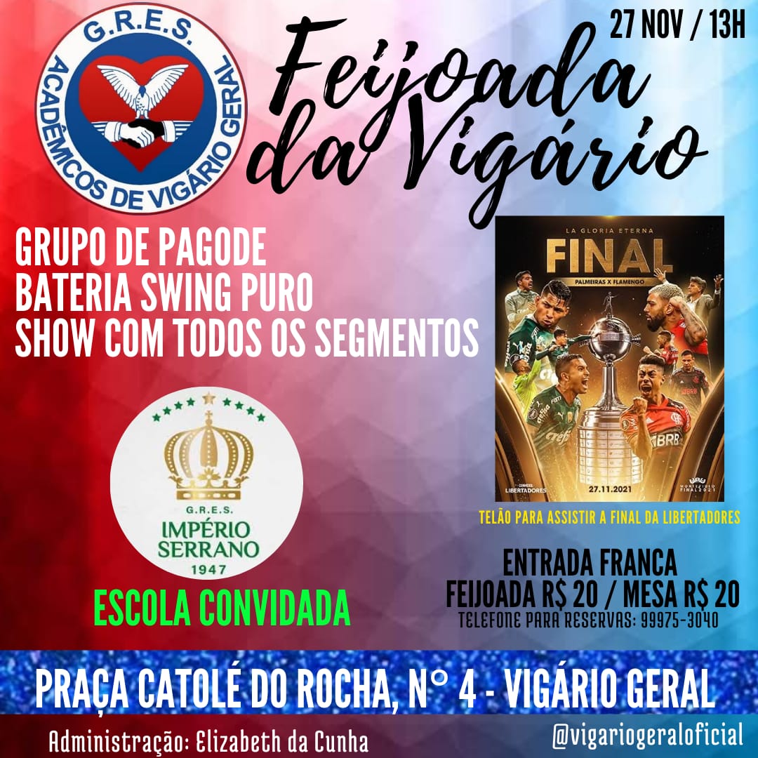 Feijoada de Vigário Geral terá entrega de certificados de projeto e telão com jogo da Libertadores