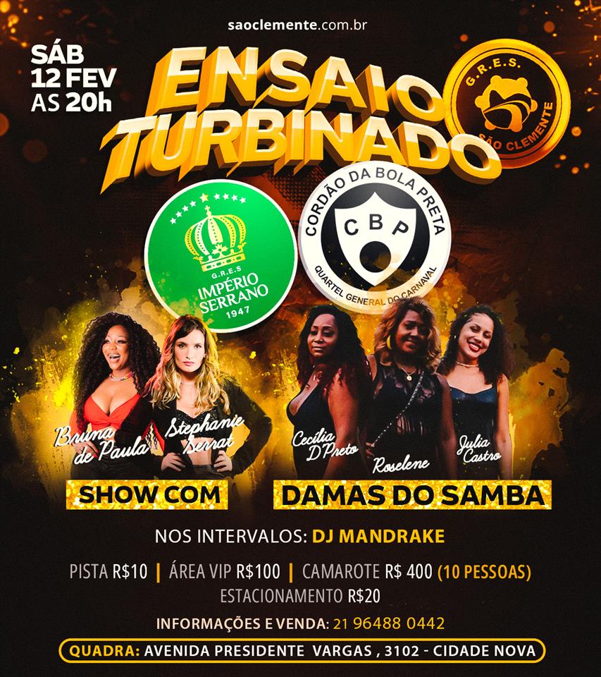 SÃO CLEMENTE RECEBE BLOCO DO BOLA PRETA E IMPÉRIO SERRANO NESTE SÁBADO (12)