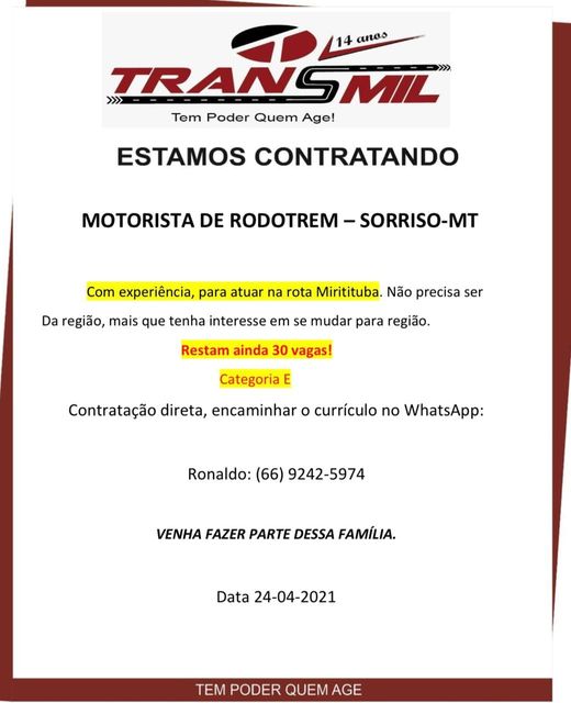 vagas motoristas - Transmil