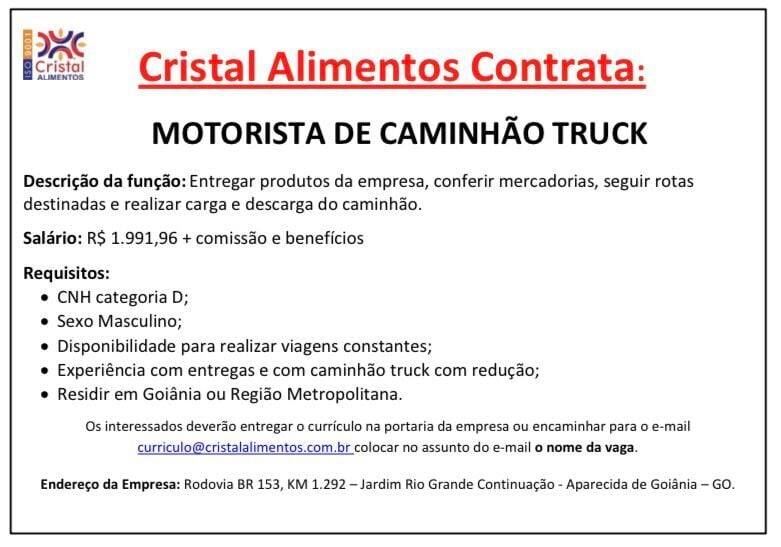 Vaga para motorista na Cristal Alimentos