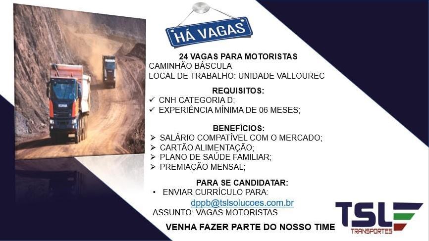 Vaga para motorista na TSL Transportes