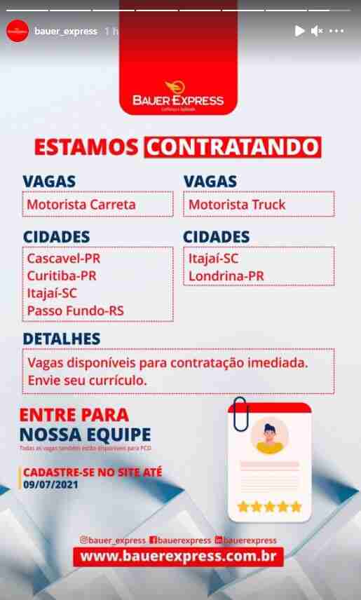Vagas para motoristas na Bauer Express