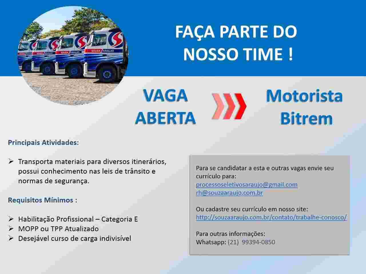 Vagas de motoristas na Souza Araujo Transporte e Logística