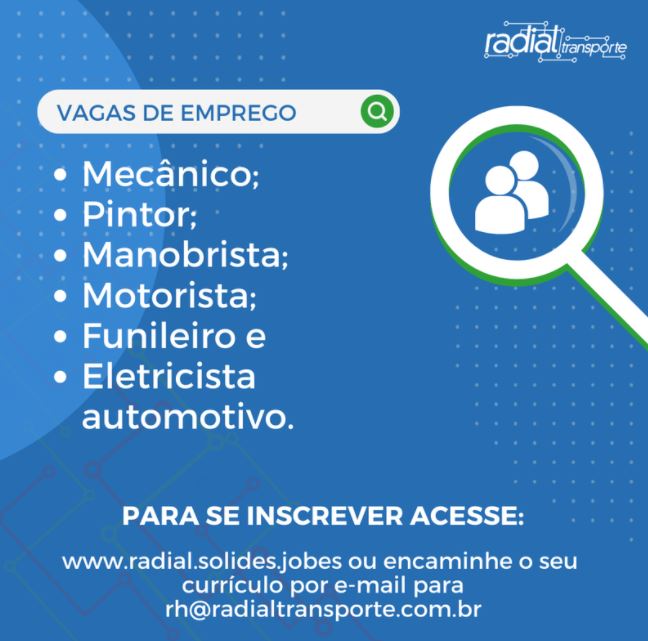 Banner de divulgação das vagas de empregos oferecidas pela Radial Transporte Coletivo