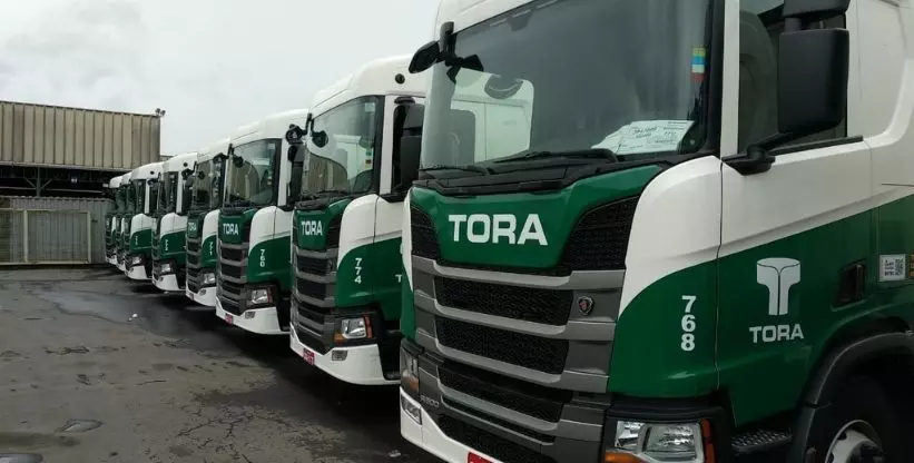 A foto mostra a frota de caminhões da Tora Soluções Logísticas Integradas