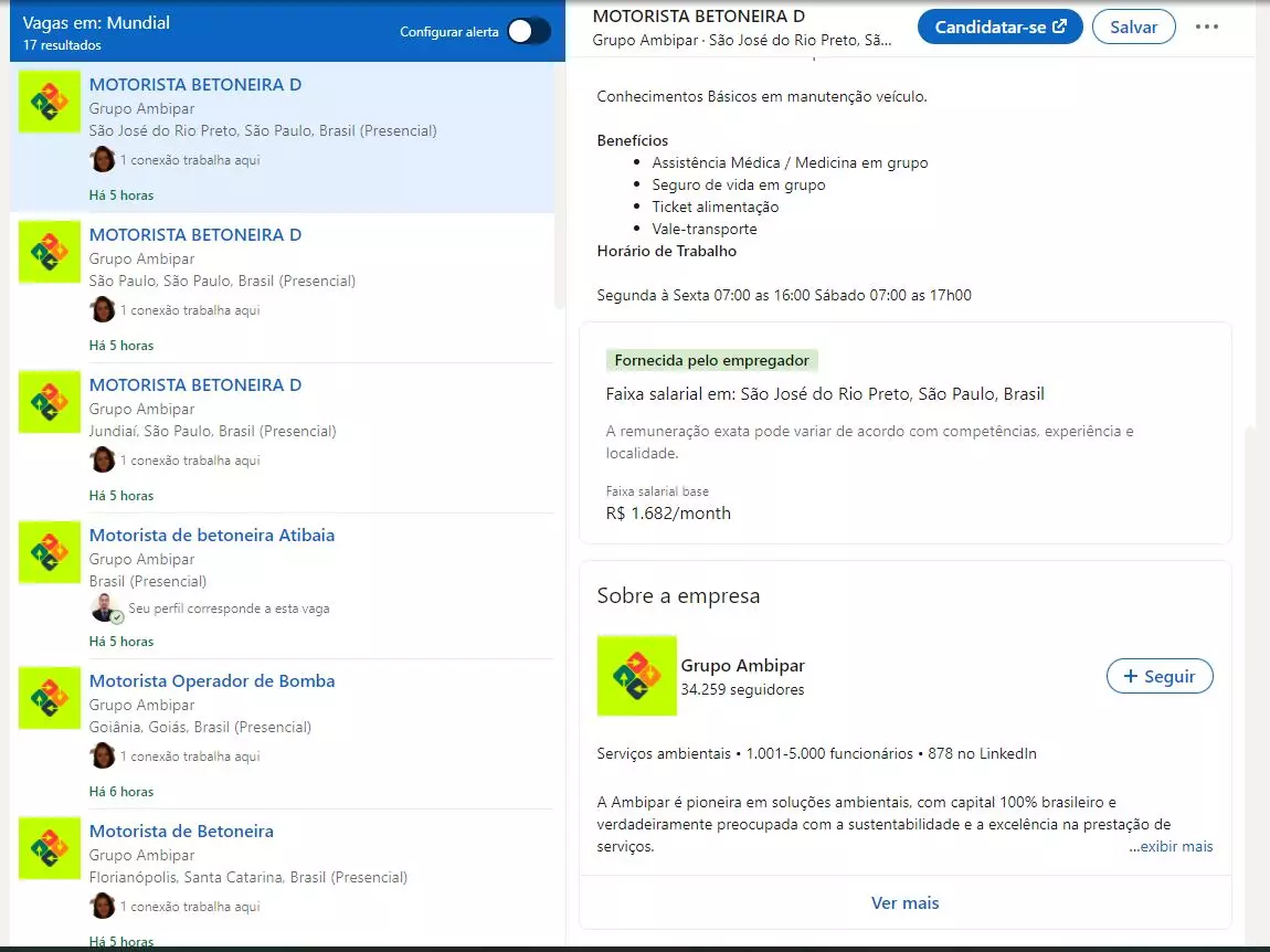 A imagem mostra a divulgação oficial das vagas de motoristas pelo LinkedIn da Ambipar