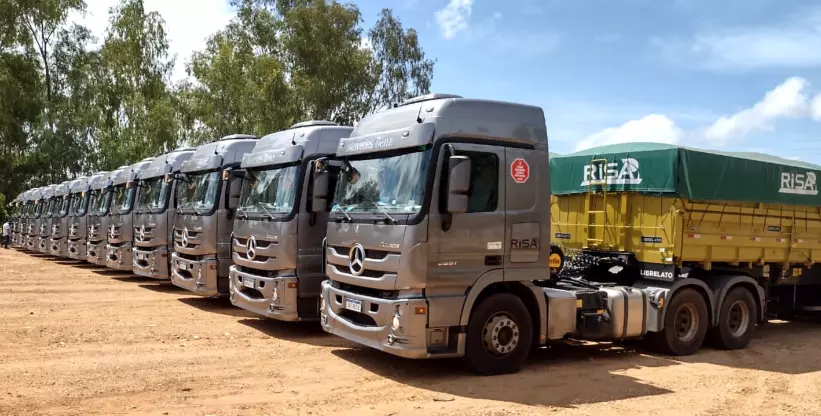 A foto mostra a frota de caminhões da empresa Risa