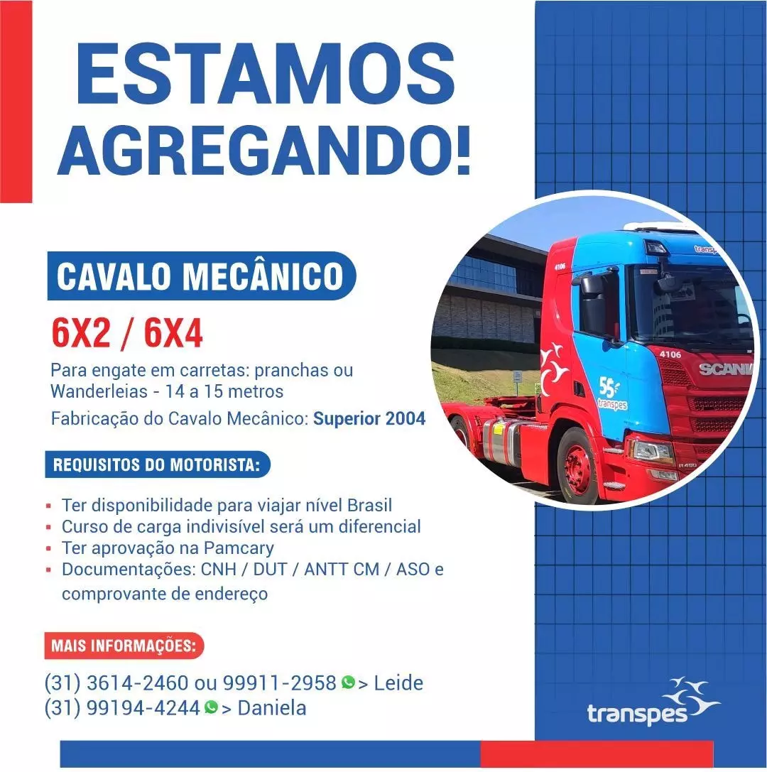 A foto mostra a divulgação de vagas para agregar cavalo mecânico na Transpes