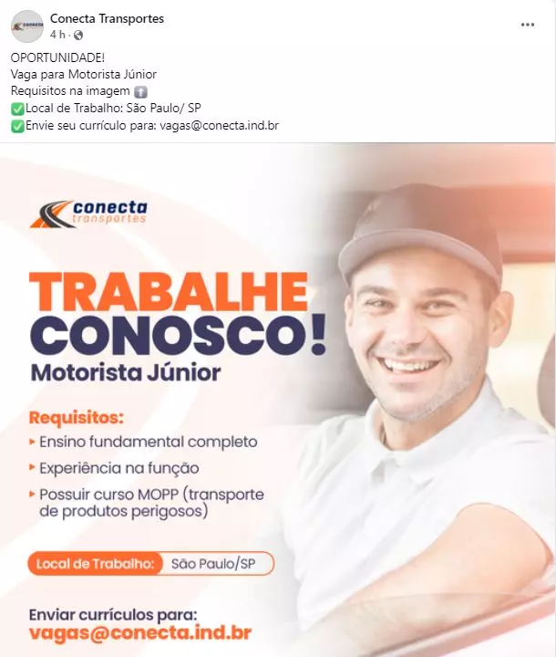 A foto mostra a divulgação das vagas da empresa Conecta Transportes