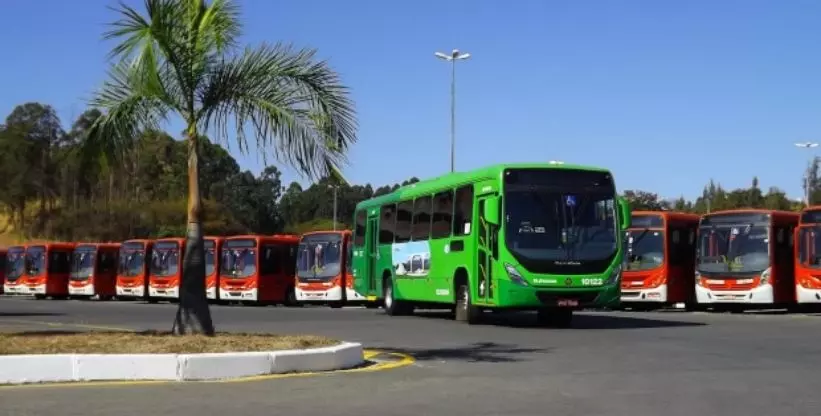 A foto mostra a frota de ônibus da empresa São Gonçalo